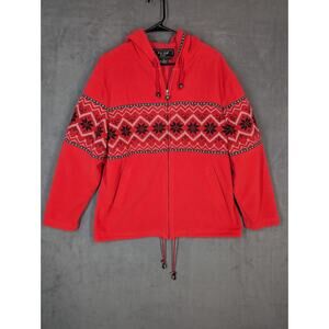 FUDA Sweatshirt Womens Red Large Fleece Full Zip Fair Isle Pockets Drawstring